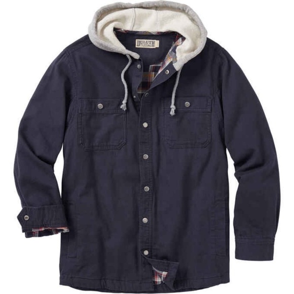 Duluth Trading Company Fire Hose Hooded Limber Canvas Jacket Navy Flannel - Picture 1 of 12